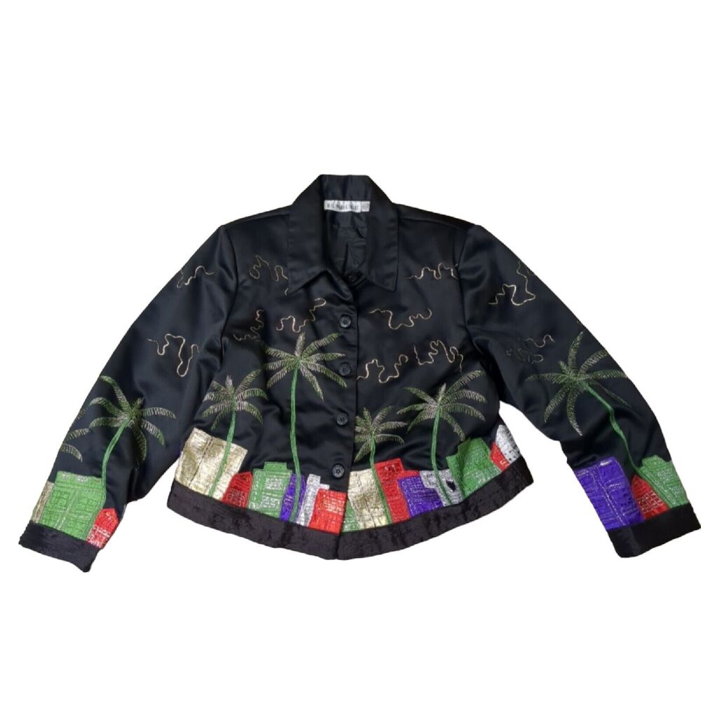 Vintage Tunique Women's Jacket Satin Embroidered Palm Trees Black Size XL